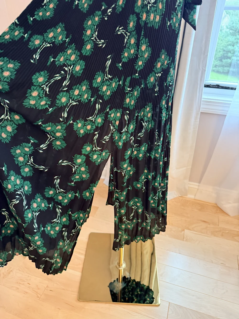Topshop Navy Midi Skirt with Green Floral Print and Tie Waist